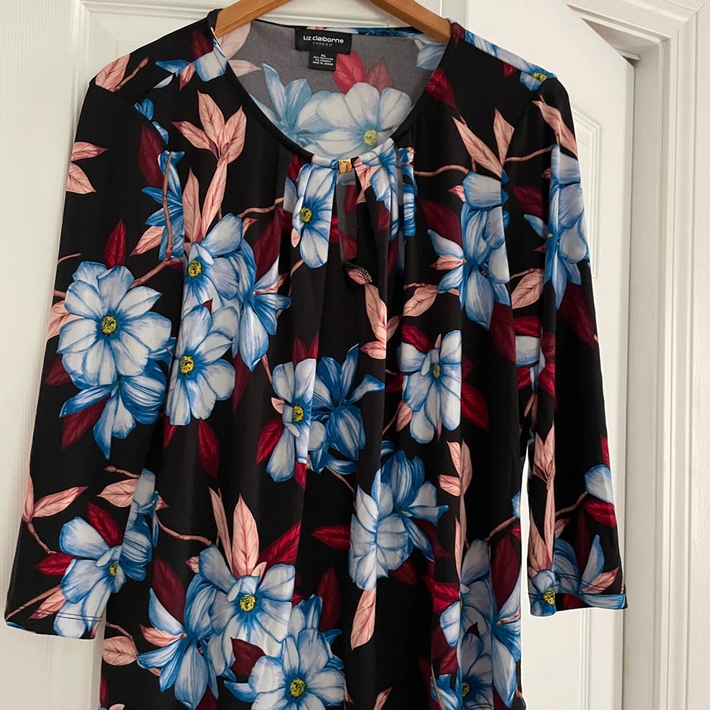 Liz Claiborne Black Floral Keyhole Neck Blouse - Blue & Pink Flowers